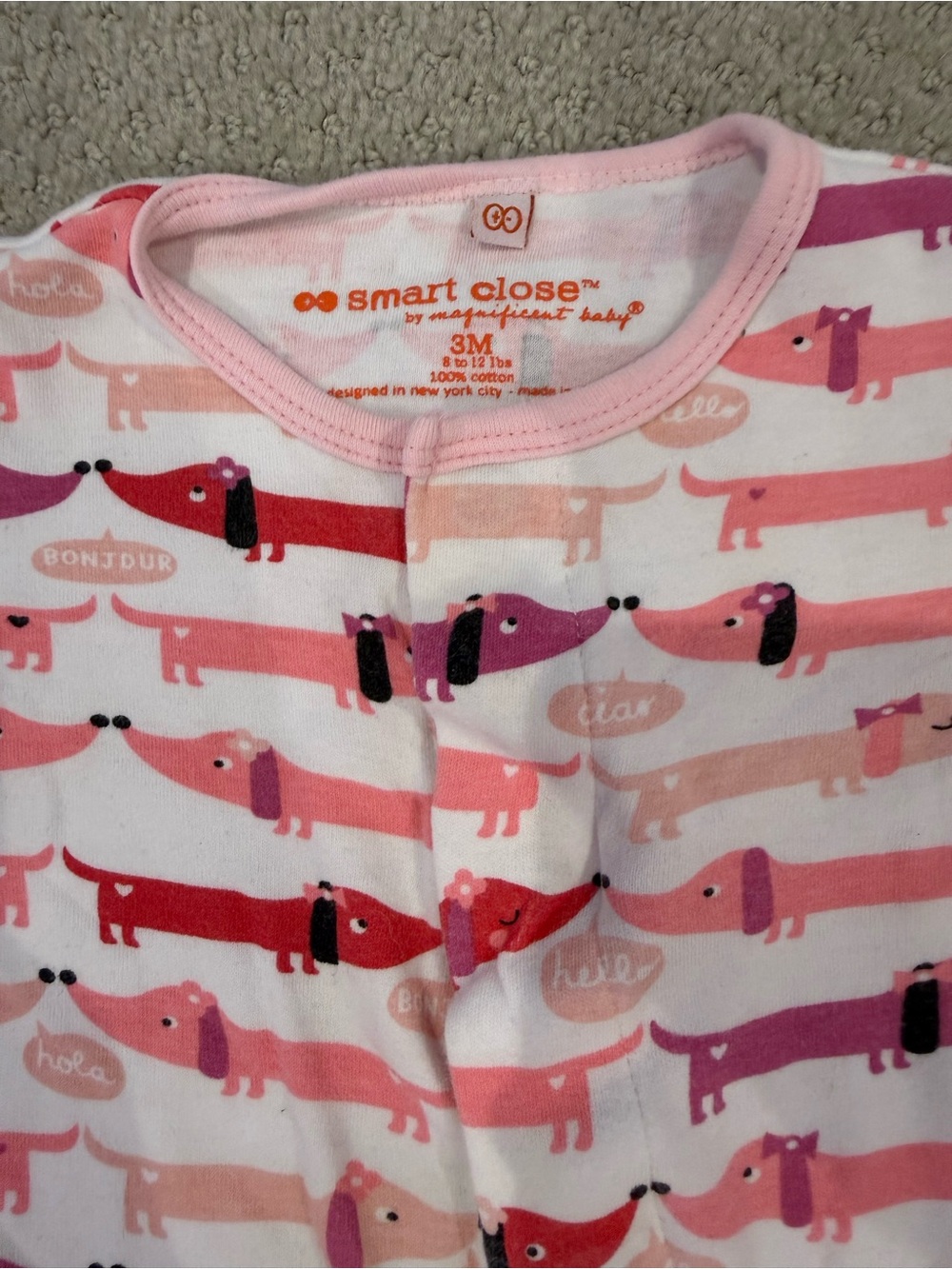 Magnetic Pink Dachshund Print Baby Sleep suit